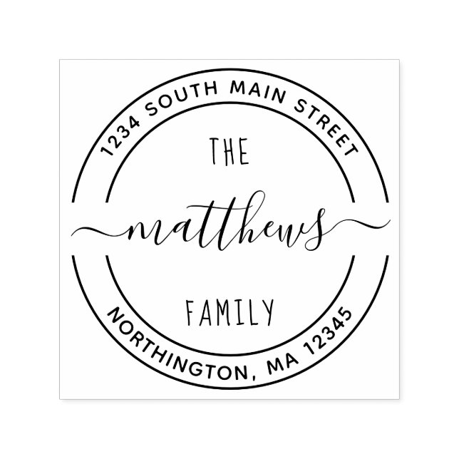 Skriptfamiljens Namn 8 Round Anpassningsbar Retura Självfärgande Stämpel (Design)