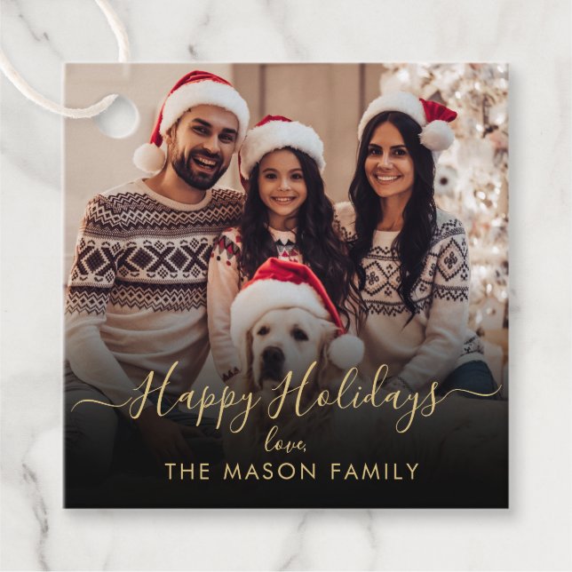 Skriptfamiljfoto för Black Guld Glad helg Gåvor Etiketter (Framsida)