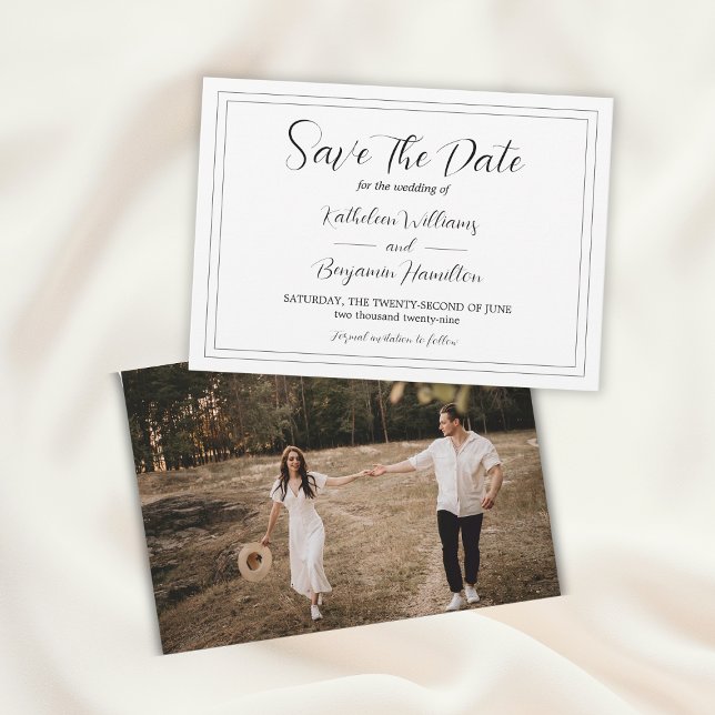 Skriptformat svart och vitt foto Bröllop Spara Datumet (Script Formal Black And White Photo Wedding Save The Date
)