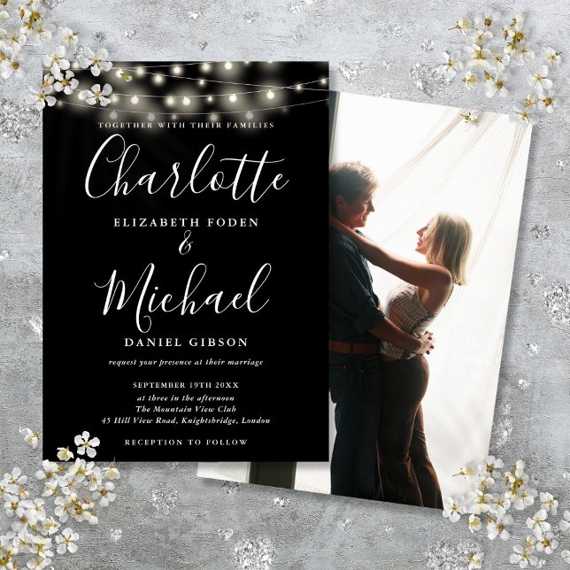 Skriptfoto Bröllop i Black White String Ljus Inbjudningar (Black White String Lights Script Photo Wedding Invitation)
