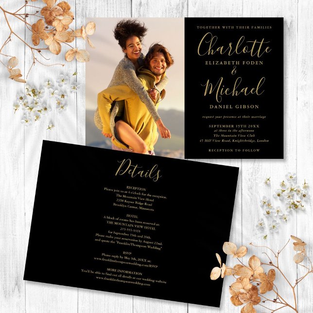 Skriptfoto Bröllop i svart och Guld i ett och samm Inbjudningar (Black And Gold Script Photo Wedding All In One Invitation)