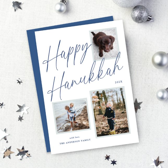 Skriptfoto för Black and White Lycklig Hanukkah Julkort (Black and White Happy Hanukkah Script Photo Holiday Card)