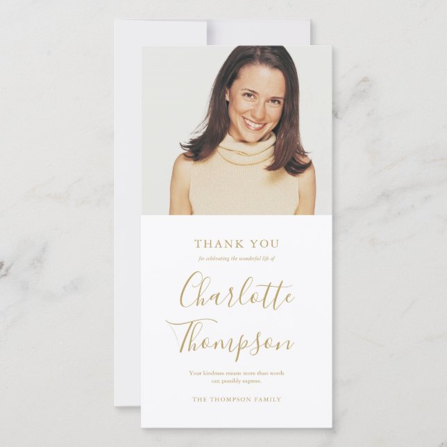 Skriptfoto för Eleganten Memorial Funeral Guld Tack Kort (Framsida)