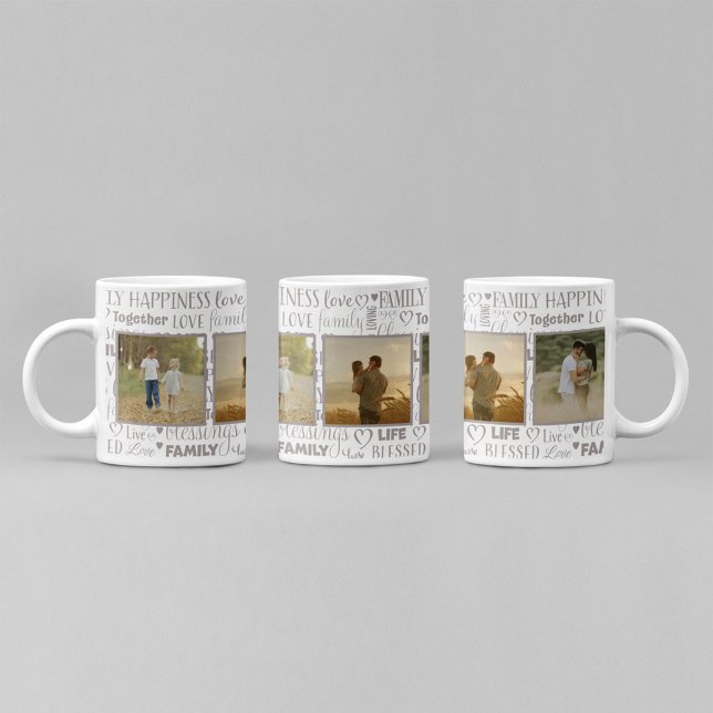 Skriptfoto för modern Family Kärlek-typografi Kaffemugg (Custom family photo collage mug with love typography pattern and personalized picture memories.)
