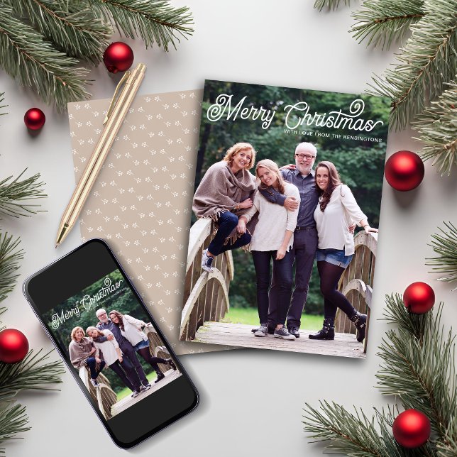 Skriptfoto för Rustic Beige Minimal God jul Julkort (Rustic Beige Minimal Merry Christmas Script Photo Holiday Card)