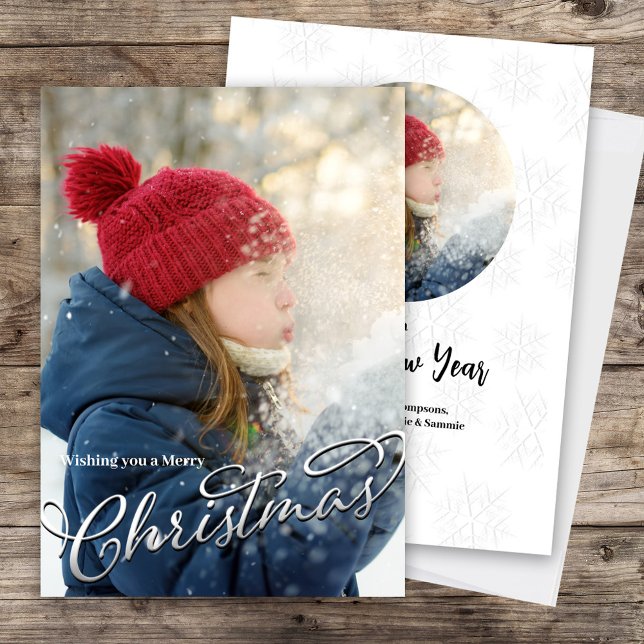 Skriptfoto för silver God jul Julkort (Merry Christmas Silver Calligraphy Script Photo Card)
