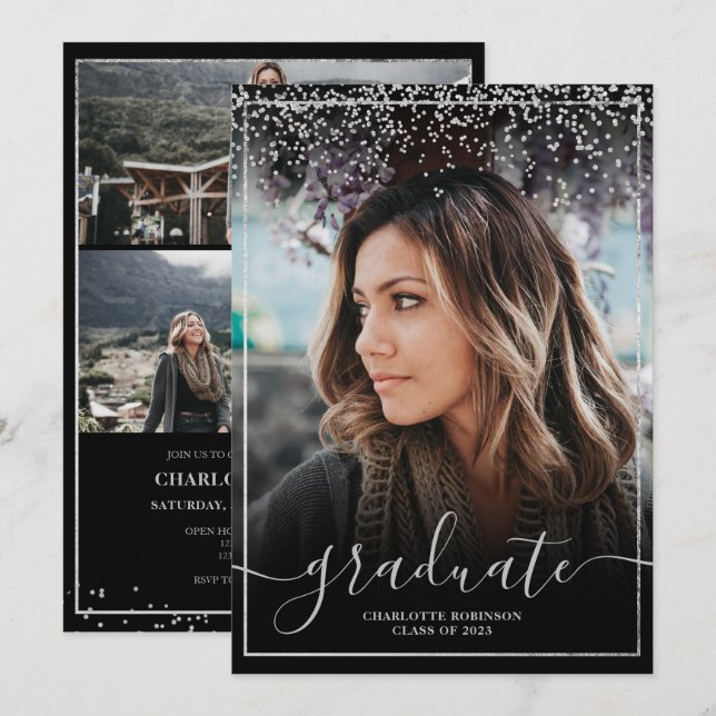 Skriptfoto för Silver konetti gräns studenten Inbjudningar (Fram/baksida)