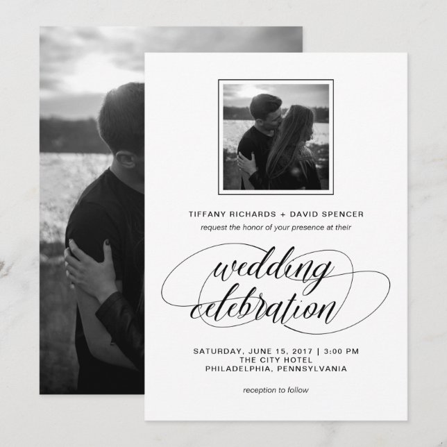 Skriptfoto för svart och vitt Finare Bröllop Inbjudningar (Fram/baksida)