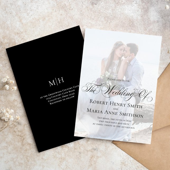 Skriptfoto för svartvit Elegant Inbjudningar (Elegant Black and White Calligraphy Script photo Wedding invitation)