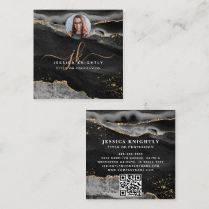 Skriptfoto QR för svart agate Guld Glitter Fyrkantigt Visitkort