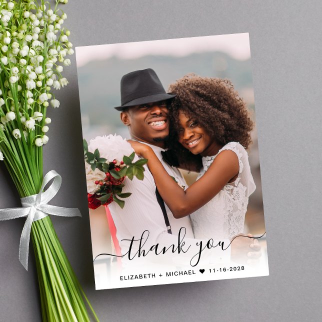Skriptfotoöverlägg, Cream Bröllop Tack Kort (Celebrate your love story with a thank you card showcasing your favorite wedding day photo)