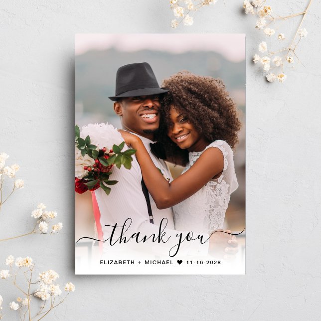 Skriptfotoöverlägg, Dusty Blue Bröllop Tack Kort (Celebrate your love story with a thank you card showcasing your favorite wedding day photo)