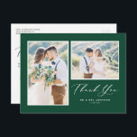 SkriptGrönt två Photo Bröllop Tack Vykort<br><div class="desc">Skicka ett tack till familj och vänner för att de är en del av din speciella dag med det här anpassadets fotokollage tack för ditt vykort. Den har ett enkelt skript och typografi på en grönt bakgrund. Anpassa den genom att lägga till dina egna detaljer och visa dina favoritfoton från...</div>