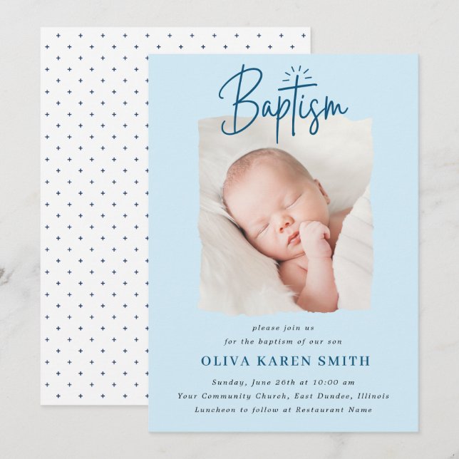 Skripthandskriven baptism Christening Photo Boy  Inbjudningar (Fram/baksida)
