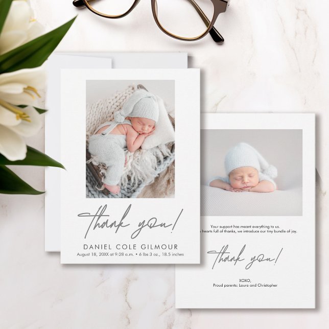 Skripthantering Tack för att du har Baby Photo Bir Meddelande (Cute, modern, simple customizable baby photos, thank you, birth announcement flat cards.)