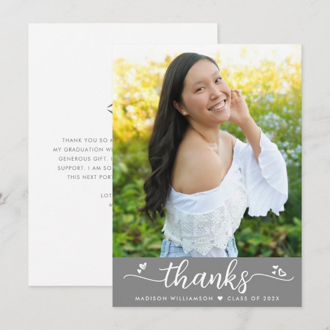 Skripthärmar i grått Studenten fotomodern Elegant Tack Kort (Fram/baksida)