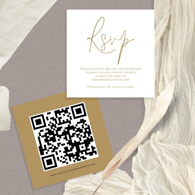 Skripthölje för QR-kod Bröllop Guld White OSA Tilläggskort (Front and back view of this mini 2.5" square enclosure RSVP card with QR code on the back)