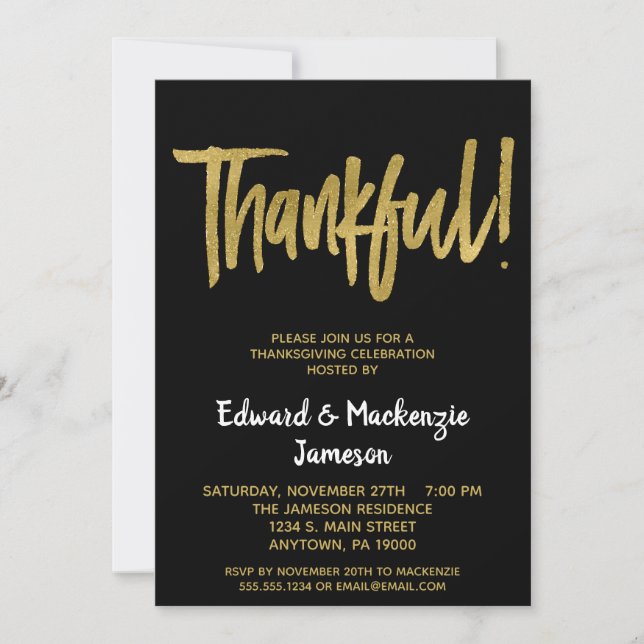 Skriptinbjudan för Thanksgiving i Black Guld Inbjudningar (Framsida)