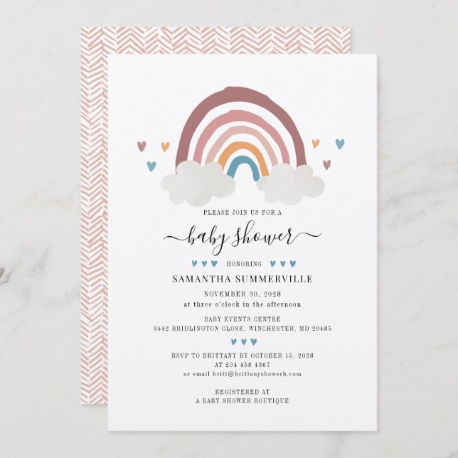 Skriptinbjudan till Cute Boho Rainbow Baby Shower Inbjudningar (Fram/baksida)