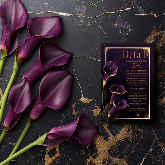 Skriptinformationskort för Elegant bröllop Lila Li OSA Kort (Stunning Royal Purple and Gold Wedding Details Enclosure Card)