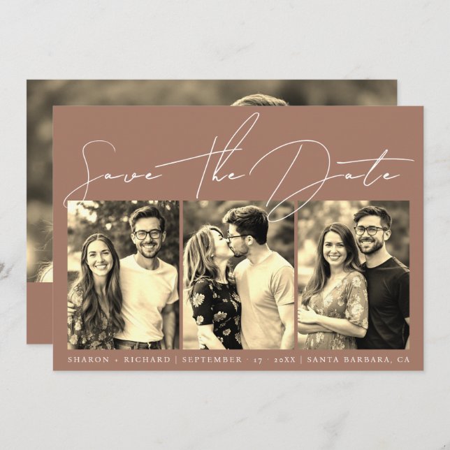 Skriptkalligrafi 3 sepia fotocollage mocha spara datumet (Fram/baksida)