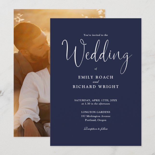 Skriptkalligrafi Foto Navy Blue Bröllop Inbjudningar (Fram/baksida)