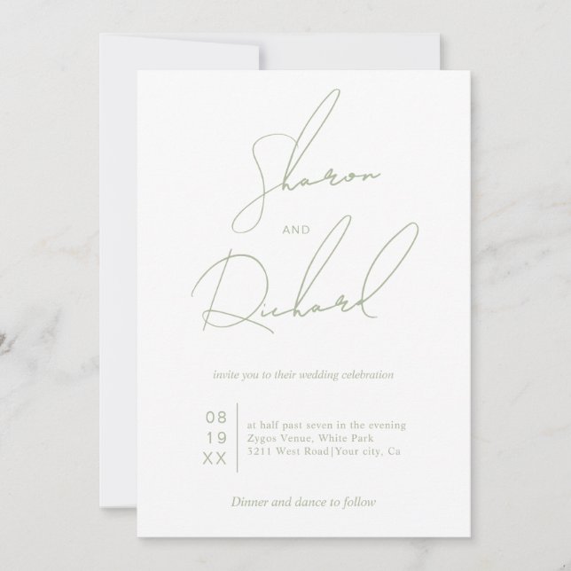 Skriptkalligrafsage grönt minimalist bröllop inbjudningar (Framsida)