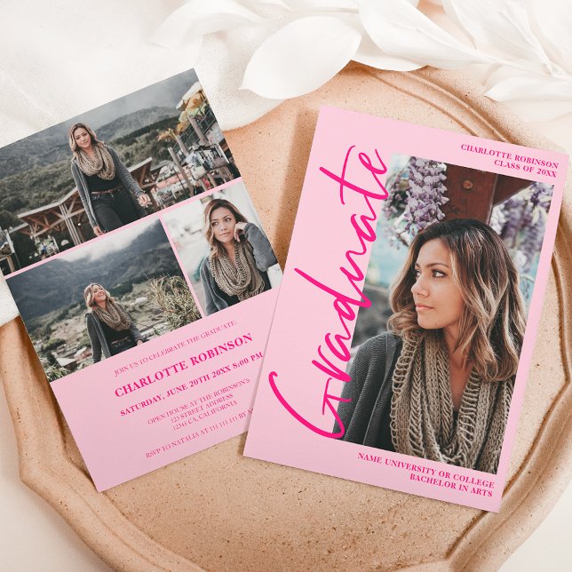 Skriptkontroll - rosa student fotot studenten inbjudningar (Script retro neon pink graduate photo graduation Invitation)