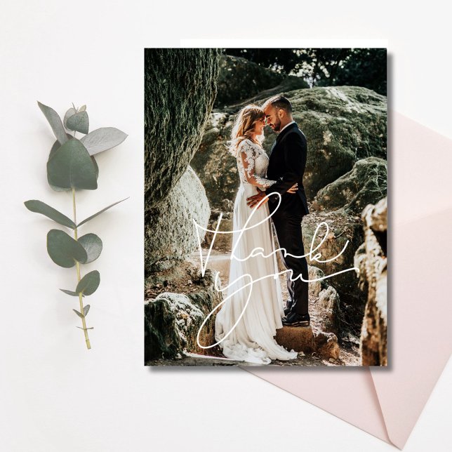Skriptkort för Tack av fotoskrivare i Bröllop Vykort (Script Wedding Photo Thank You Postcard)