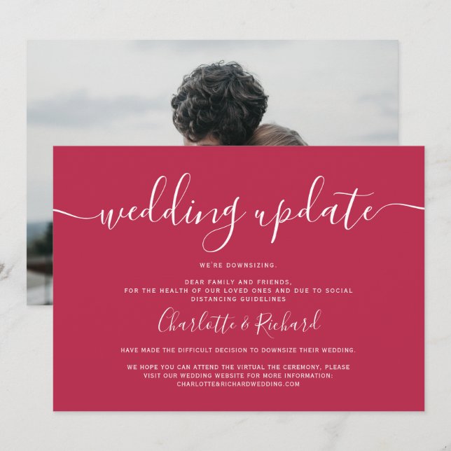 Skriptmagenta och vit bröllop-nedgradering av bild meddelande (Fram/baksida)