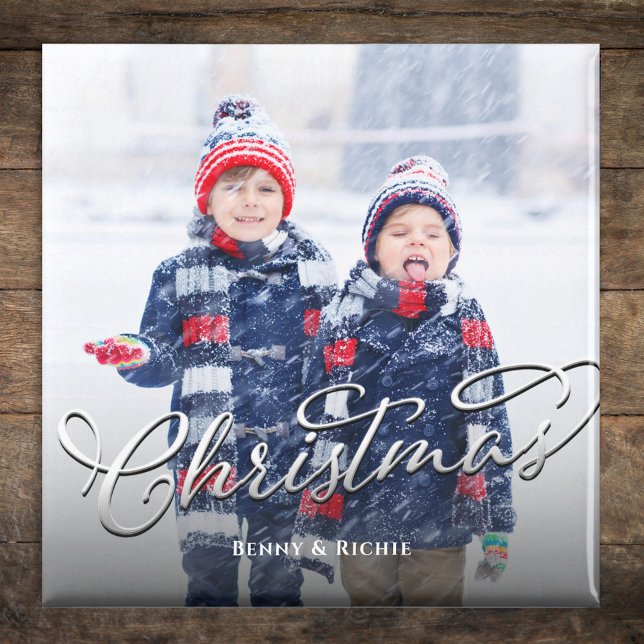 Skriptmall för Photo God jul Magnet (Merry Christmas holiday photo magnet with silver calligraphy script. )