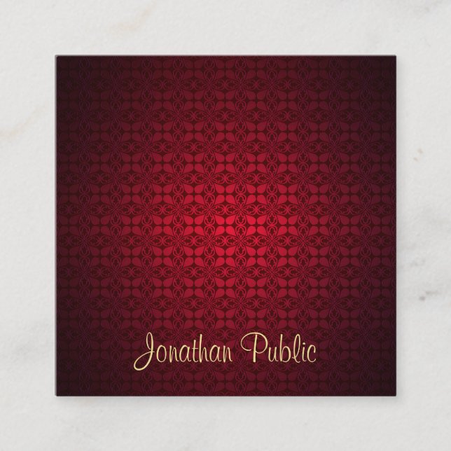 Skriptmall för snyggt Red Damask Calligraphy Fyrkantigt Visitkort (Framsida)