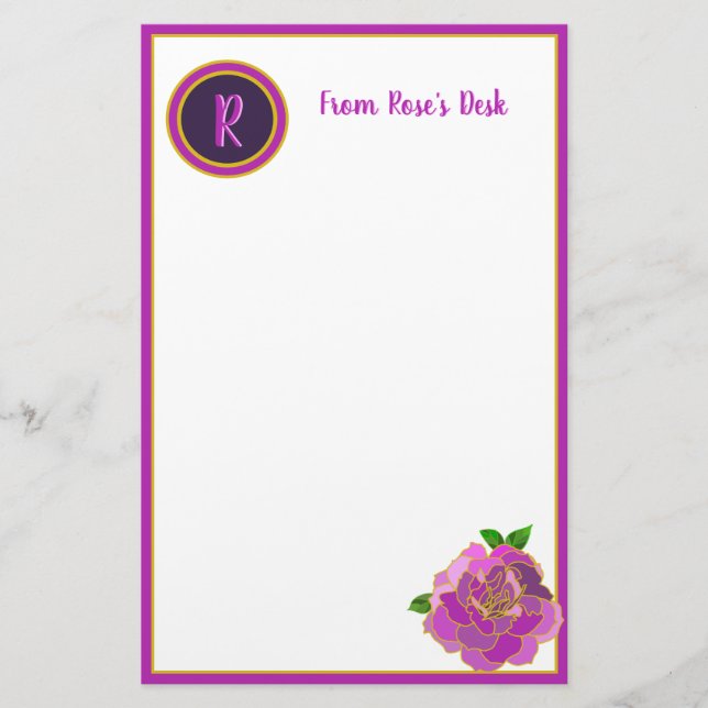 Skriptmallen elegant Rosa ros Monogram Brevpapper (Framsida)