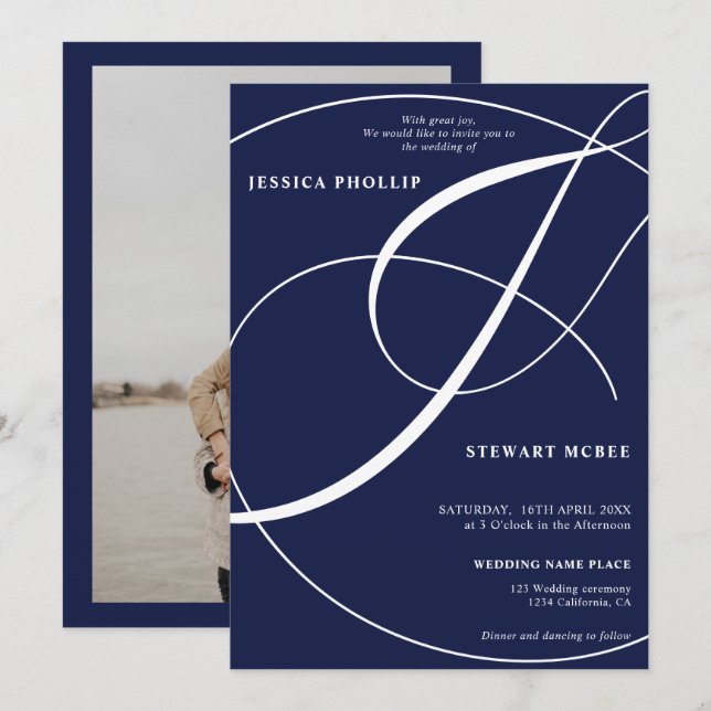Skriptmarblå fotokalligrafi bröllop inbjudningar (Fram/baksida)
