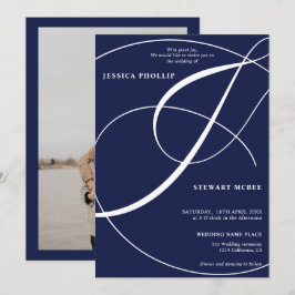 Skriptmarblå fotokalligrafi bröllop inbjudningar