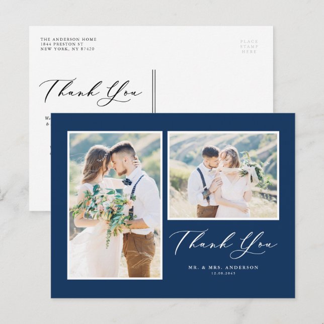 Skriptmarblå två foto-Bröllop-Tack Vykort (Fram/baksida)