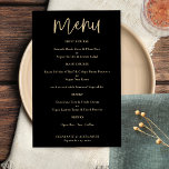 Skriptmeny för svart Bröllop i Elegant, Guld Flygblad<br><div class="desc">Svarta Bröllop-meny med papper Elegant Guld-skript Ett ekonomiskt pappert alternativ i klassisk svart och guld.. Med ett skript som anger snyggten för Meny och som enkelt anpassar resten av texten. Du kan ändra teckensnittet färg på menyn Redigera. Du kan också ändra färg på bakgrunden på båda sidor om du vill....</div>