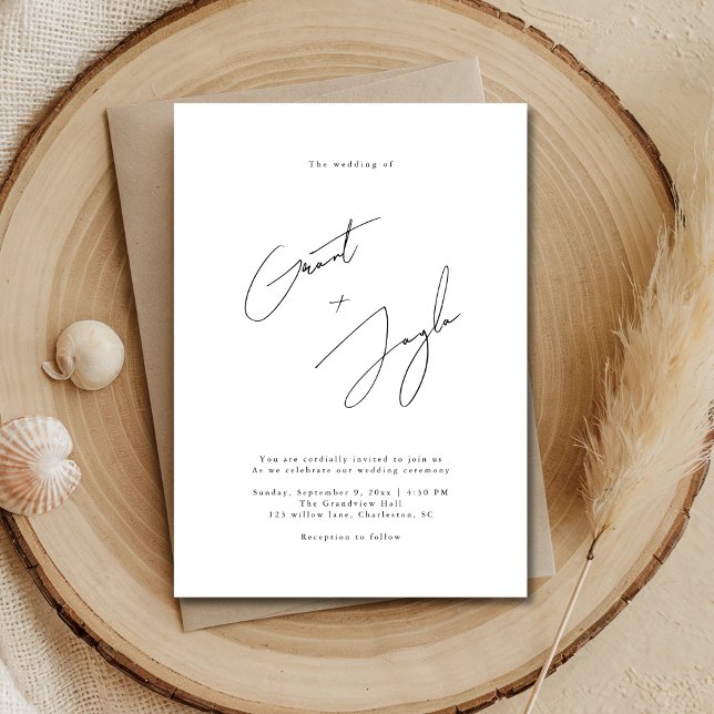 Skriptminimalistisk Elegant Namn Black Bröllop Inbjudningar (Skapare uppladdad)