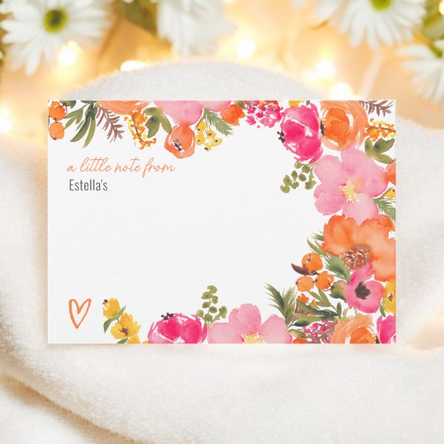 Skriptmöhippa för blommor i fetstil Orange Anteckningskort (Bold Orange flowers script bridal shower Note Card)