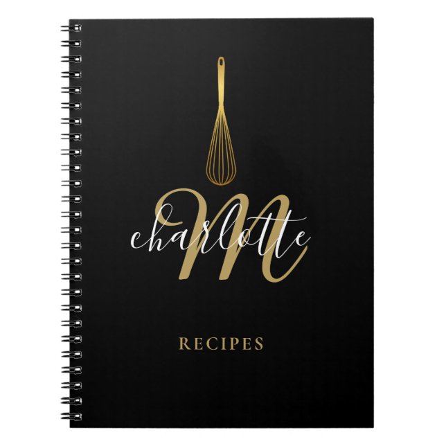 Skriptmonogram Black Guld Whisk Recipe Anteckningsbok (Framsidan)