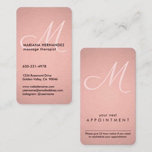Skriptmonogram Faux Ro Gold Foil Rosa Lodrät Tidsbeställning Kort (Fram/baksida)