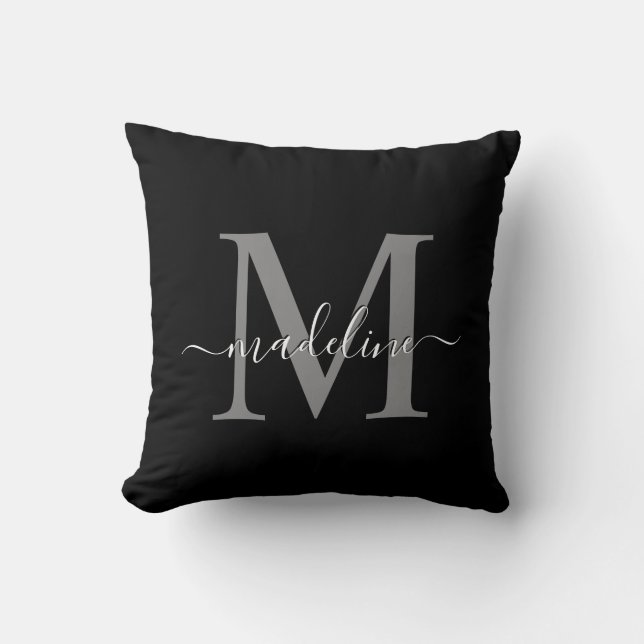 Skriptmonogram för Black Silver Grått Elegant Kudde (Framsida)