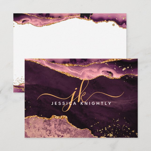 Skriptmonogram för Burgundy Agate Geode Guld Glitt Anteckningskort (Fram/baksida)
