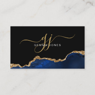 Skriptmonogram för elegant Blue Agate Guld Glitter Visitkort