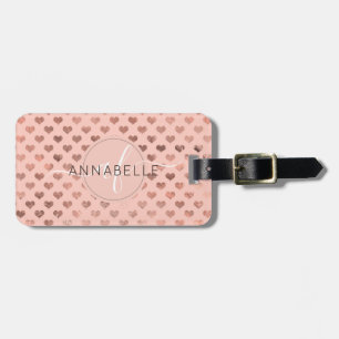 Skriptmonogram för Girly Rosa Metallic Copper Bagagebricka