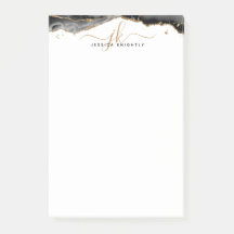 Skriptmonogram för svart agate Geode Guld Glitter