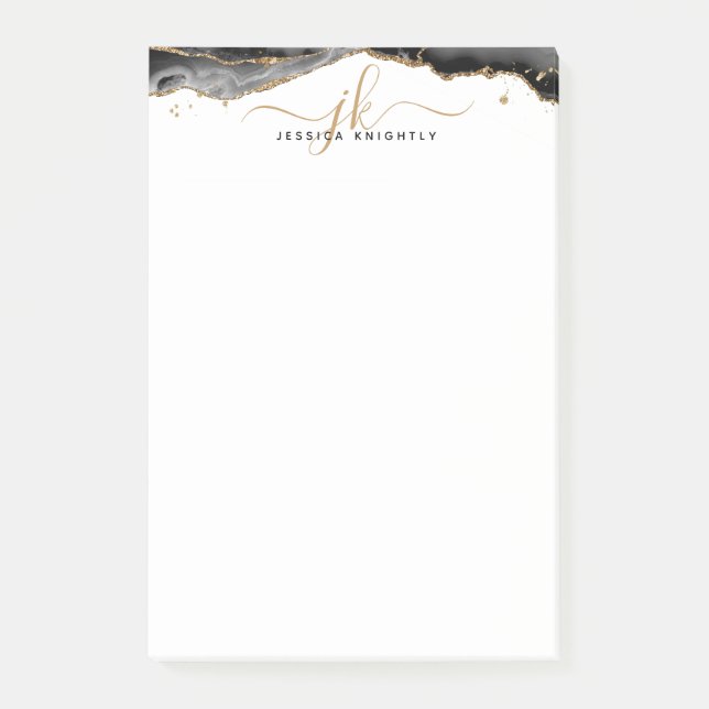 Skriptmonogram för svart agate Geode Guld Glitter Post-it Block (Framsida)