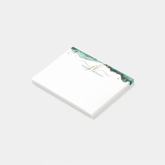 Skriptmonogram för turkos Agate Geode Guld Glitter Post-it Block (Vinklad)