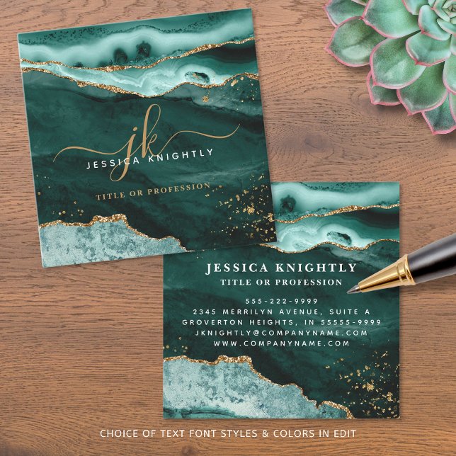 Skriptmonogram för turkos Teal Agate Guld Glitter Fyrkantigt Visitkort (Skapare uppladdad)