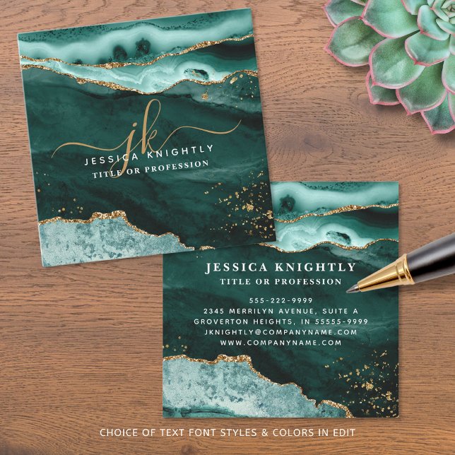 Skriptmonogram för turkos Teal Agate Guld Glitter Fyrkantigt Visitkort (Skapare uppladdad)